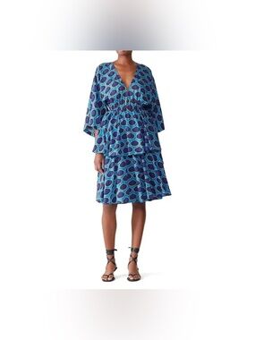 RHODE Blue Teal Geometric V-Neck Tiered Mini Dress